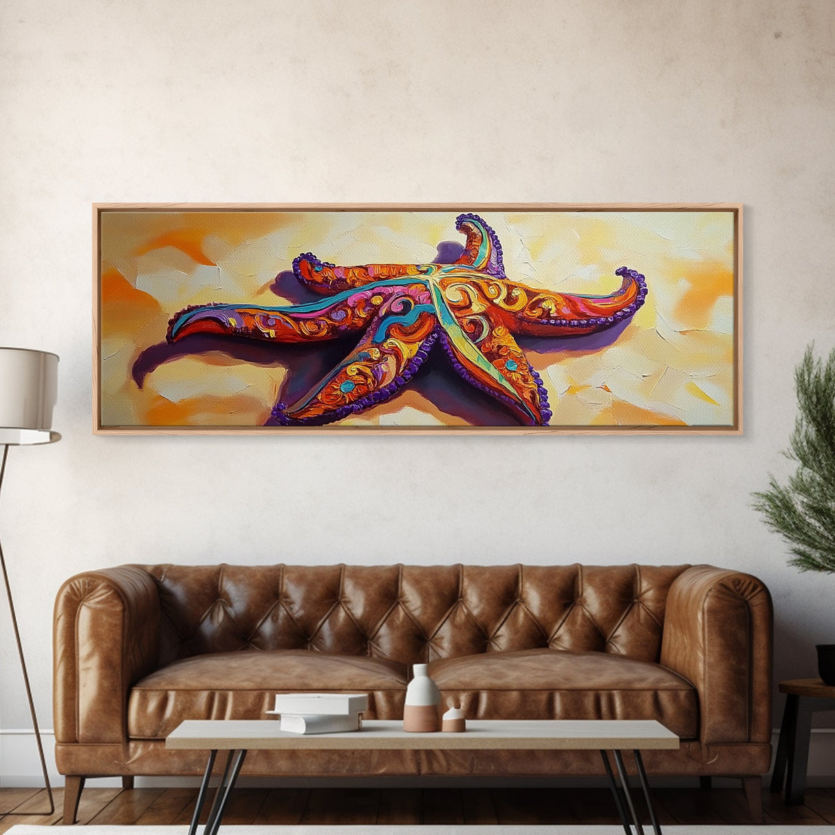 Starfish Pattern, Bold Beach, Ocean Life, Framed Canvas Print, Coastal Bathroom Wall Art, Nautical Boho Decor, Summer Ocean Style
