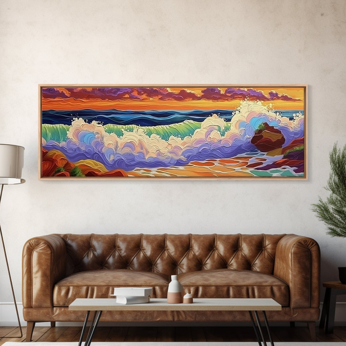 Ocean Waves, Splashing Surf, Bold Colors, Framed Canvas Print, Vibrant Coastal Wall Art, Bathroom Beach Decor, Tropical Ocean Vibes