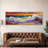 Ocean Waves, Splashing Surf, Bold Colors, Framed Canvas Print, Vibrant Coastal Wall Art, Bathroom Beach Decor, Tropical Ocean Vibes