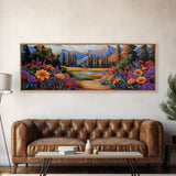 Wildflower Trail Art, Mountain Landscape, Framed Canvas Print, Nature Inspired Decor, Boho Living Room Wall Art, Vibrant Floral Scene