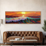 Vibrant Ocean Sunset, Textured Wave Painting, Modern Seascape Art, Framed Canvas Print, Coastal Living Wall Art, Boho Bedroom Decor