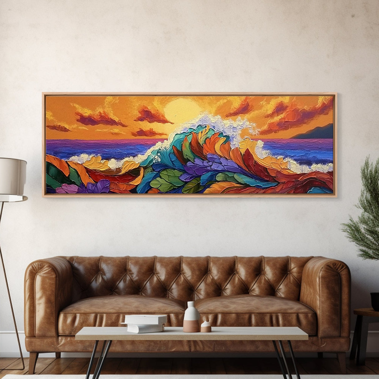 Floral Wave, Sunset Splash, Ocean Blooms, Whimsical Shore, Canvas Print, Bathroom Wall Art, Boho Coastal Decor, Vibrant Texture Art