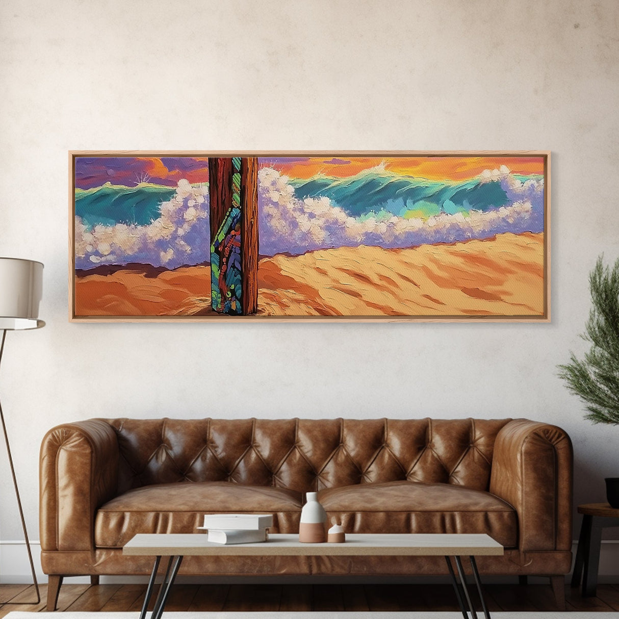 Painted Post, Colorful Shore, Ocean Wave, Surf Vibes, Framed Canvas Print, Beach Bedroom Wall Art, Tropical Seaside Expressionism