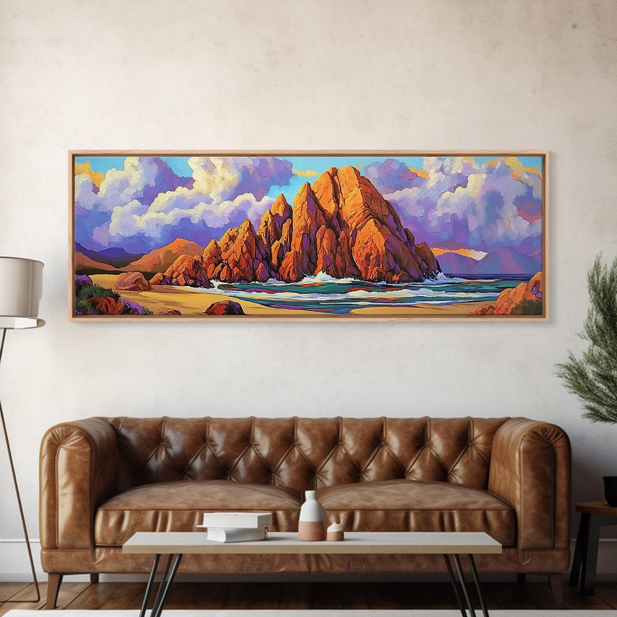 Rocky Beach Escape, Sunset Ocean View, Coastal Nature Art, Canvas Print, Tropical Wall Art, Bold Color Decor, Bedroom Seascape Art