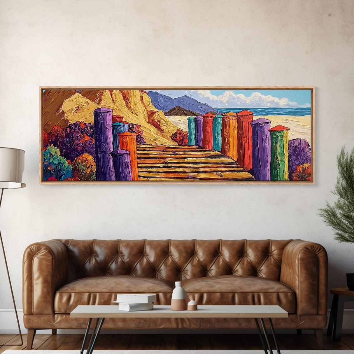 Colorful Cabins, Beach Path, Coastal Walkway, Vibrant Landscape, Canvas Print, Entryway Wall Art, Beach House Art, Bold Palette Decor