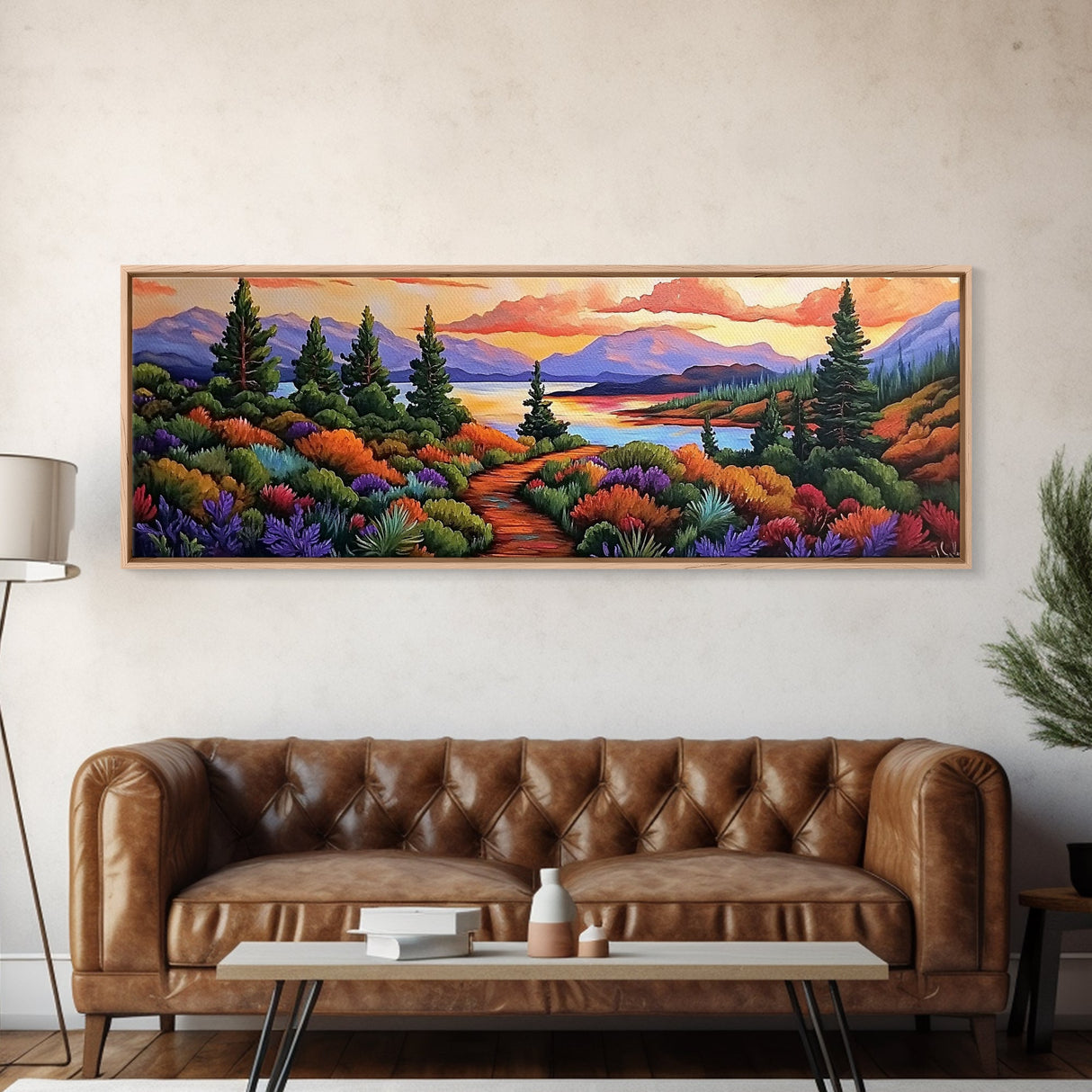 Autumn Mountain Trail, Sunset Path, Nature Landscape, Framed Canvas Print, Cabin Decor, Fall Colors, Living Room Wall Art, Rustic Art