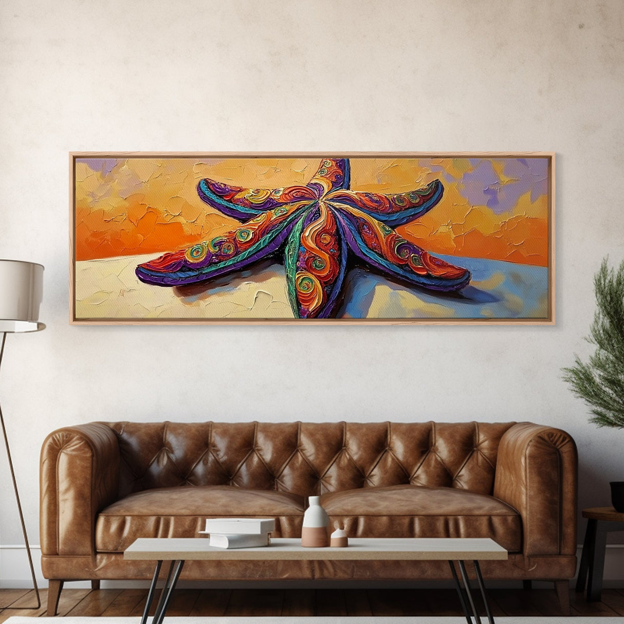 Starfish Art, Coastal Decor, Ocean Sunset, Framed Canvas Print, Vibrant Sea Life, Beach House Wall Art, Tropical Boho Style