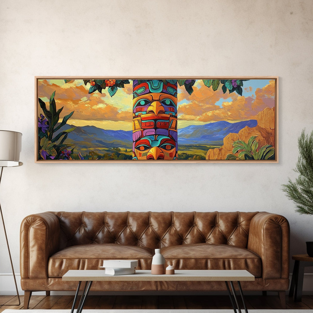 Totem Pole Art, Southwest Style, Desert Sky, Framed Canvas Print, Native Inspired, Living Room Wall Art, Cultural Landscape