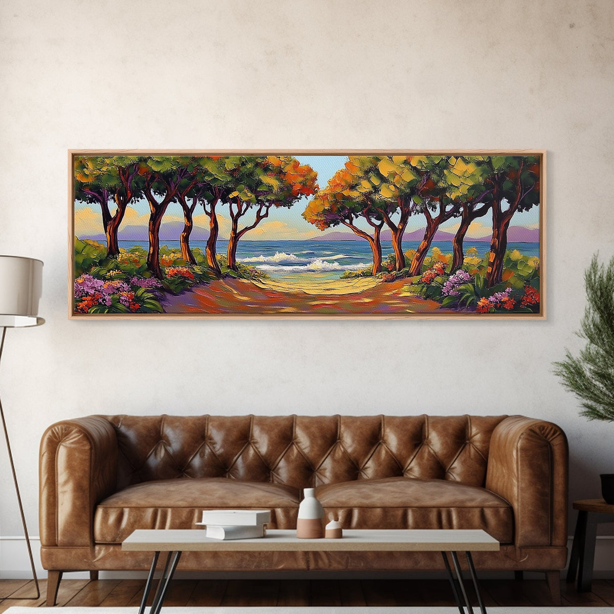 Coastal Trees, Ocean View, Beach Path, Vibrant Foliage, Framed Canvas Print, beach house decor, nature wall art, coastal living room style