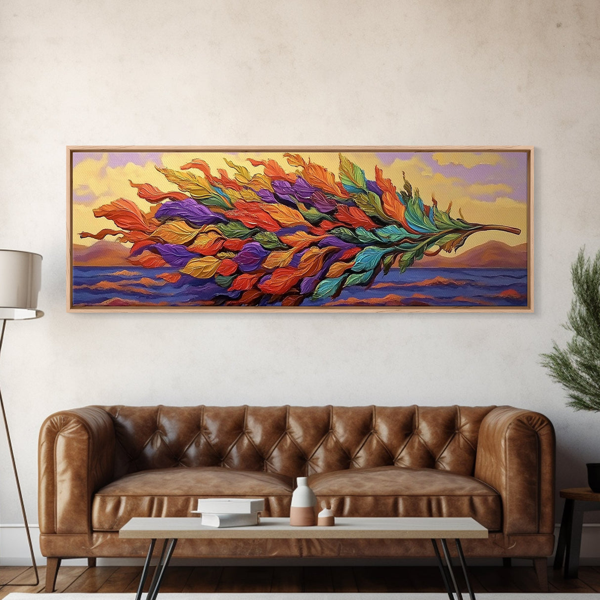 Rainbow Leaf, Nature Abstract, Coastal Breeze, Vibrant Palette, Framed Canvas Print, boho beach decor, colorful fall wall art, living room accent