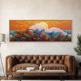 Sunset Wave, Colorful Spray, Ocean Burst, Warm Tones, Framed Canvas Print, surf-inspired bedroom art, coastal decor, tropical fall wall piece