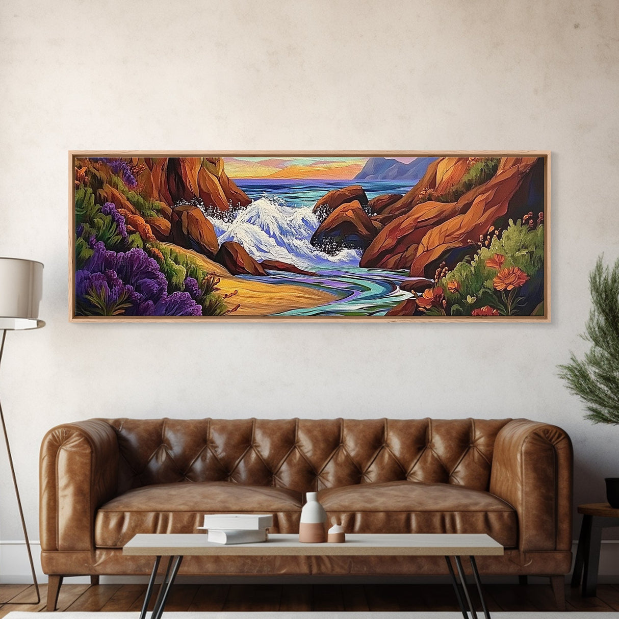 Rocky Shore, Ocean Splash, Sunset Cove, Botanical Scene, Framed Canvas Print, vibrant coastal wall art, beach bathroom decor, ocean vibe