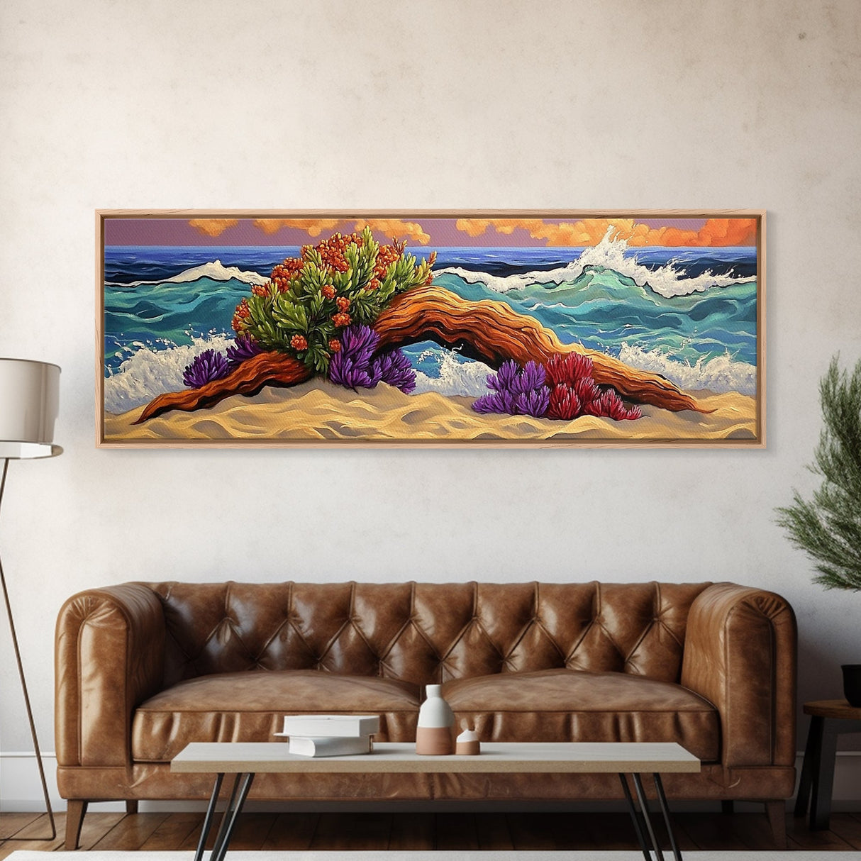 Driftwood Coast, Colorful Ocean, Beach Nature, Framed Canvas Print, Coastal Wall Art, Tropical Living Room Decor, Surreal Seascape Art