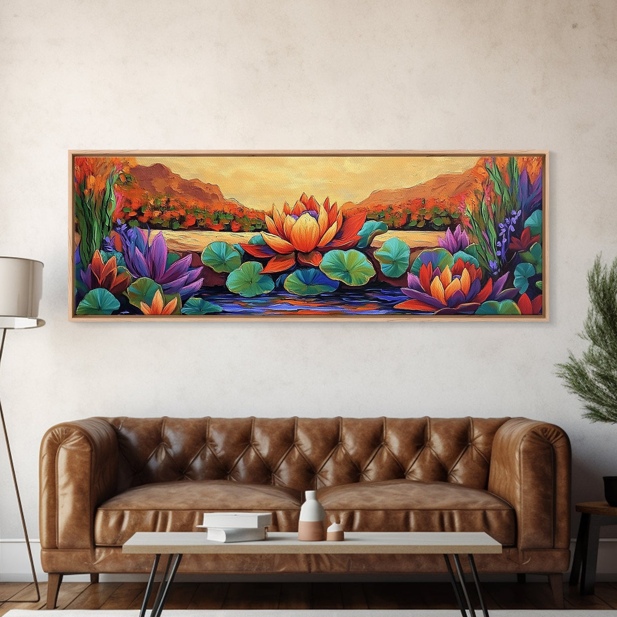 Lotus Bloom, Tranquil Pond, Sunset Flowers, Framed Canvas Print, Zen Wall Art, Yoga Studio Decor, Nature Inspired Floral Painting