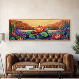 Lotus Bloom, Tranquil Pond, Sunset Flowers, Framed Canvas Print, Zen Wall Art, Yoga Studio Decor, Nature Inspired Floral Painting