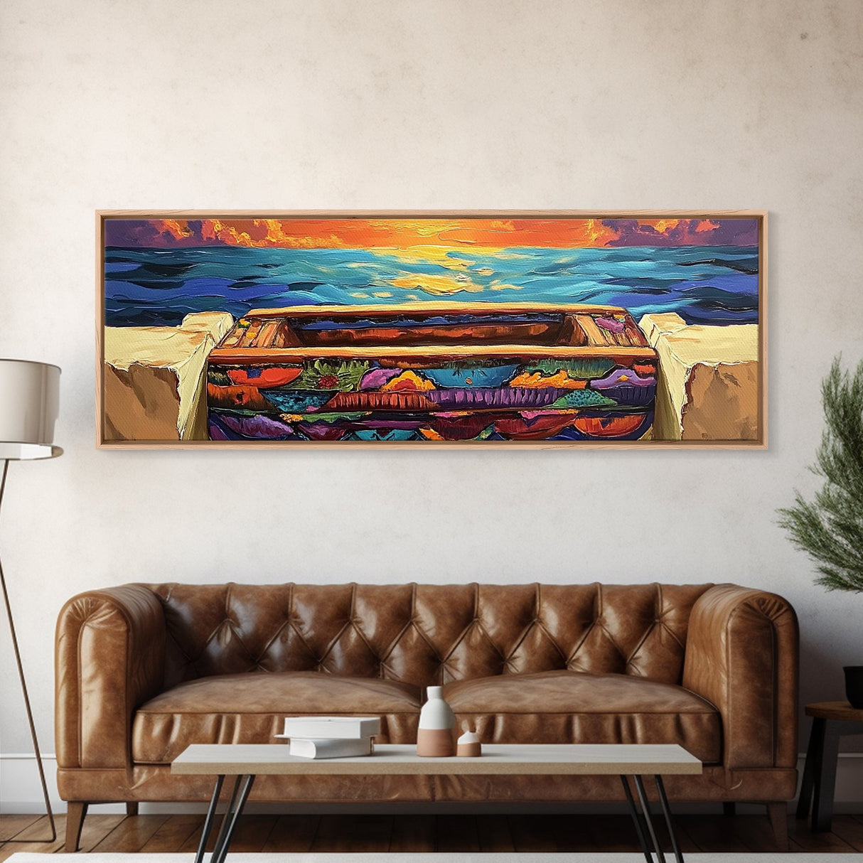 Sunset Pier, Ocean Horizon, Bold Seascape, Framed Canvas Print, Beach House Wall Art, Coastal Dining Room Decor, Vibrant Nautical Art