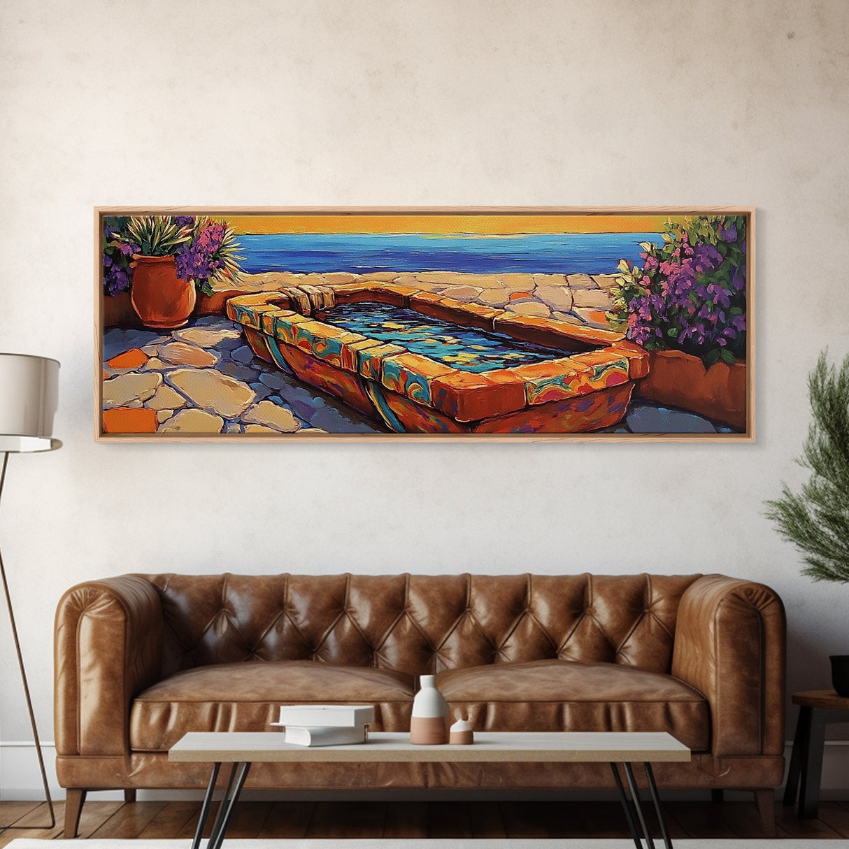 Sunset Garden View, Mediterranean Patio, Vibrant Colors, Coastal Escape, Framed Canvas Print, Bathroom Wall Art, Colorful Outdoor Art