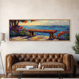 Ocean Bench Scene, Tranquil Moment, Sunset by Sea, Nature Retreat, Canvas Print, Beach House Decor, Impressionist Coastal Wall Art