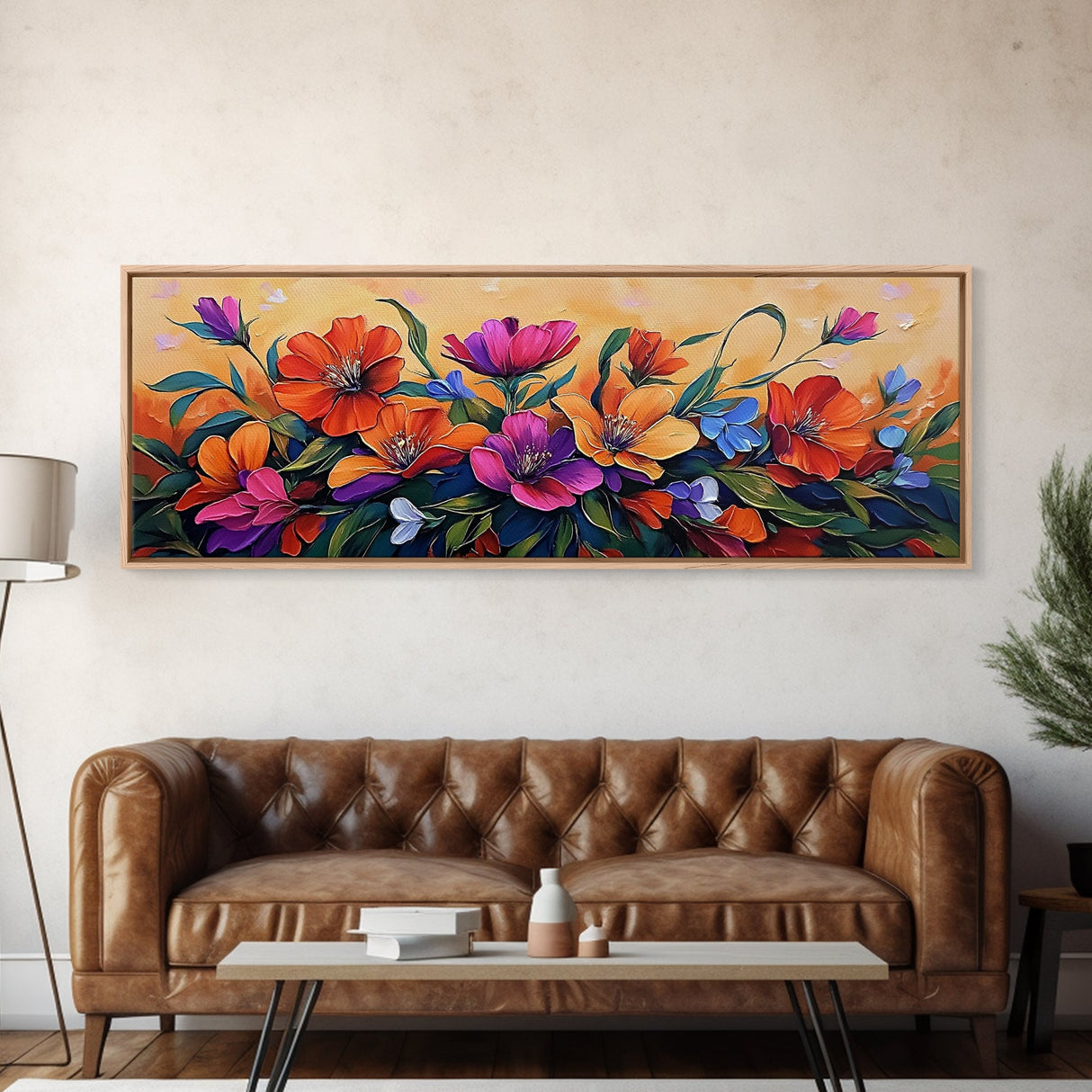 Vibrant Floral Burst, Sunset Garden, Colorful Flowers, Bold Leaves, Canvas Print, Living Room Wall Art, Boho Botanical Style