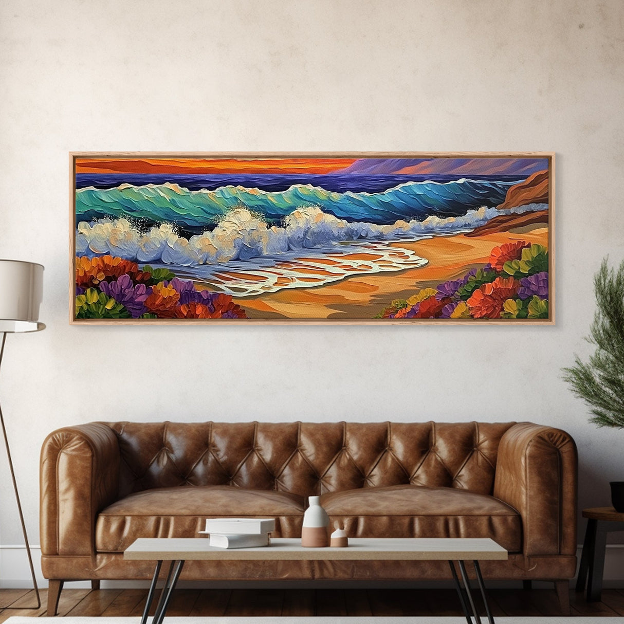 Crashing Waves, Sunset Sea, Bold Ocean Art, Framed Canvas Print, Vibrant Beach Wall Decor, Bathroom Nautical Theme, Color Splash Style