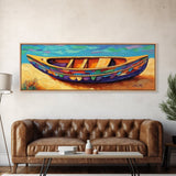 Colorful Canoe Art, Vibrant Coastal Boat, Tropical Beach Vibes, Canvas Print, Boho Beach Decor, Nautical Wall Art, Bathroom Art