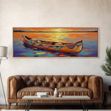 Sunset Lake Canoe, Peaceful Evening Art, Autumn Water Scene, Canvas Print, Rustic Cabin Wall Art, Colorful Lakehouse Decor