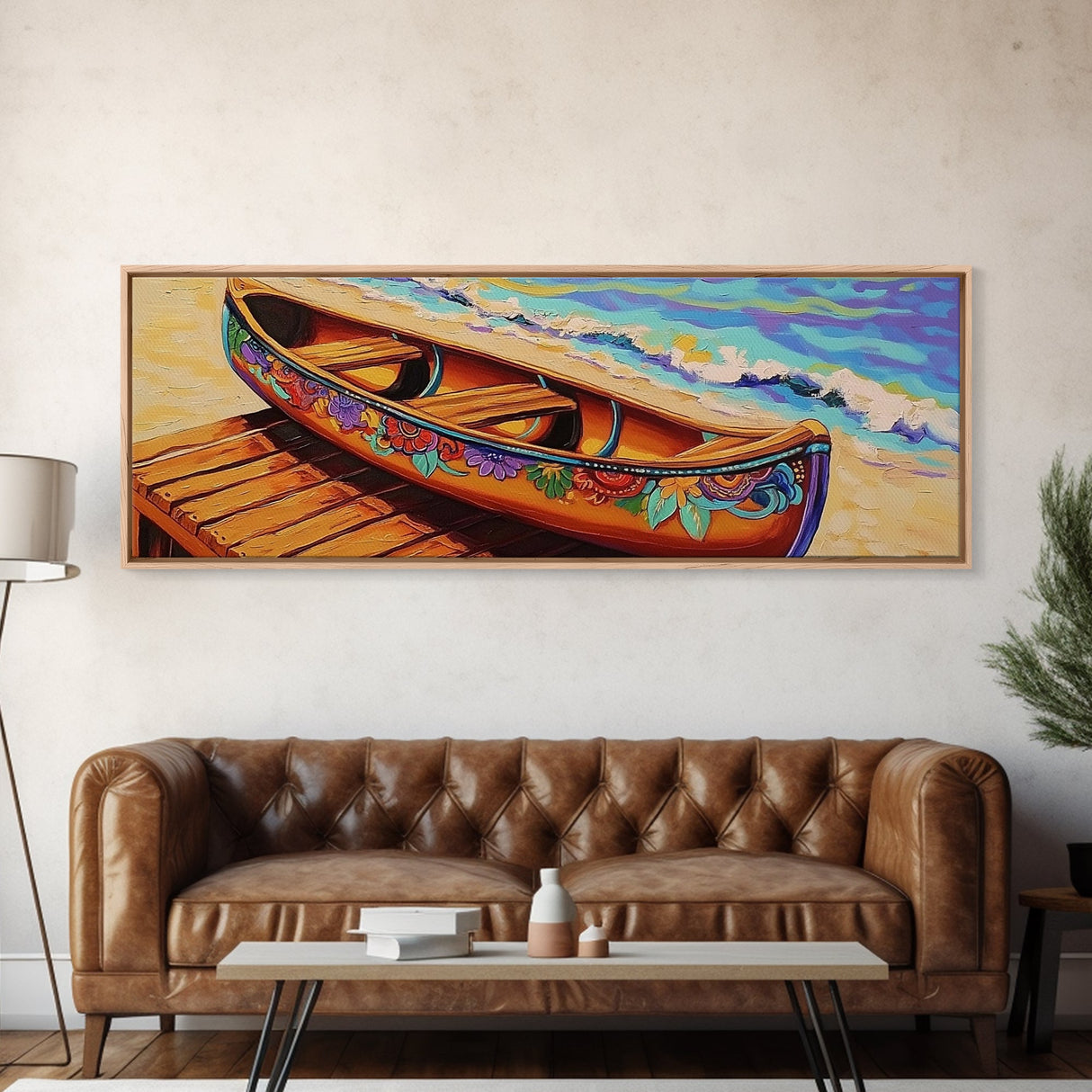 Floral Canoe Painting, Beachside Dock Art, Coastal Decor Accent, Canvas Print, Nautical Wall Art, Boho Beach House Living Room