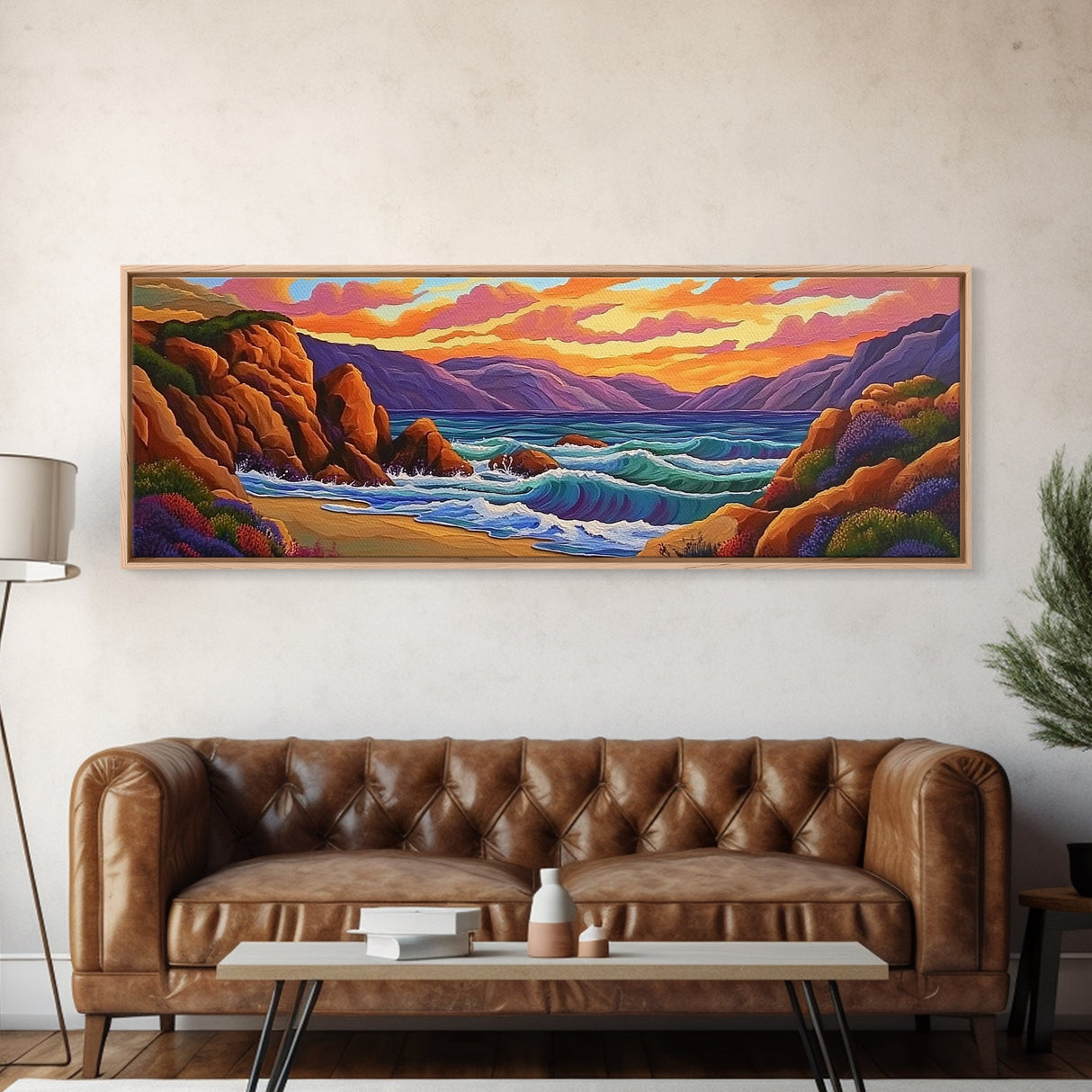 Sunset Coastal Waves, Bold Seascape Painting, Vibrant Ocean Scene, Framed Canvas Print, Beach Wall Art, Nautical Living Room Decor