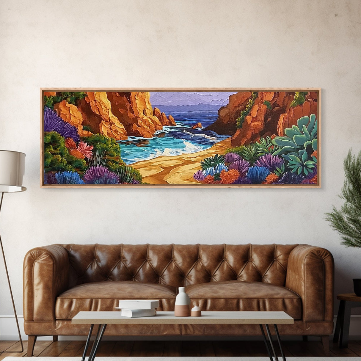 Hidden Cove Painting, Succulent Cliffside Beach, Colorful Ocean Art, Canvas Print, Desert Coastal Wall Art, Boho Nature Decor