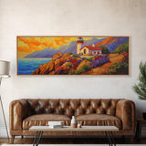 Lighthouse View, Ocean Sunset, Seaside House, Framed Canvas Print, Beach Coastal Decor, Nautical Living Room Art, Bold Color Art