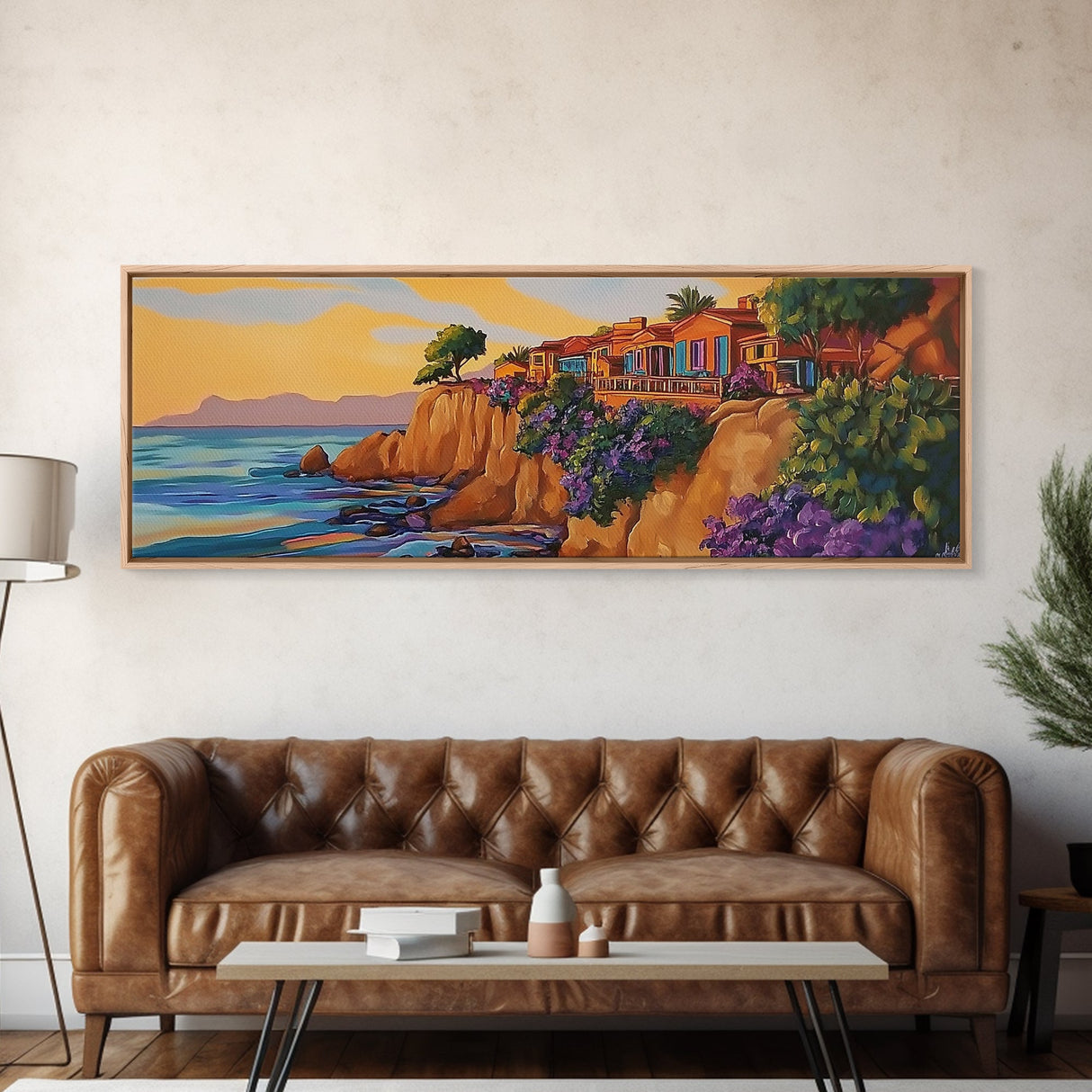 Seaside Villas, Coastal Cliff, Ocean Sunset, Framed Canvas Print, Beach House Art, Colorful Home Decor, Bold Tropical Landscape Art