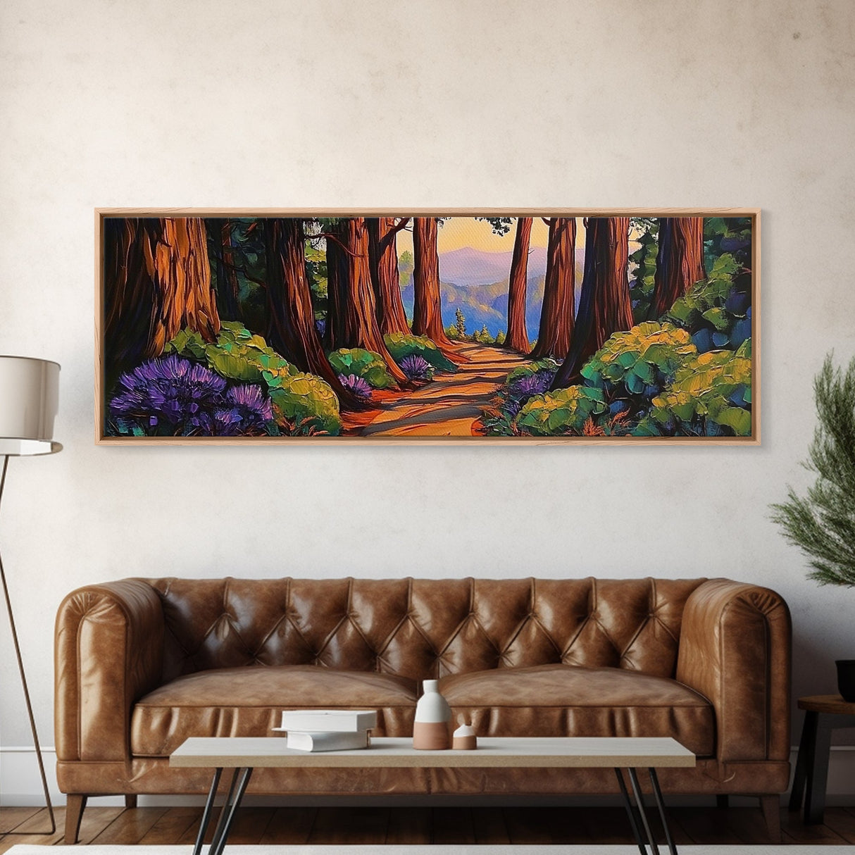 Redwood Forest, Sunset Path, Nature Trail, Peaceful Escape, Framed Canvas Print, Nature Wall Art, Bedroom Decor, Rustic Cabin Art