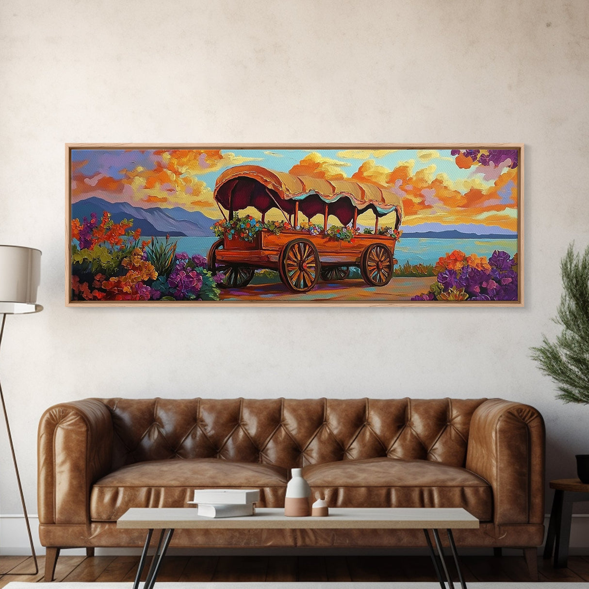 Flower Wagon, Sunset Trail, Wildflower Garden, Rustic Charm, Framed Canvas Print, Autumn Wall Art, Living Room Decor, Country Farmhouse Art