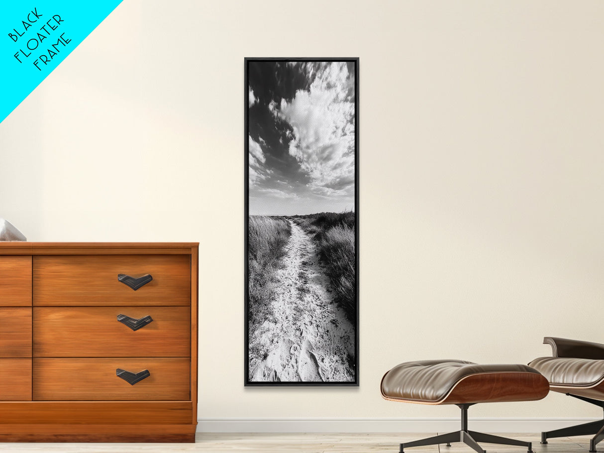 Sandy Trail, Beach Path, Cloudy Sky, Coastal Living, Framed Canvas Print, Relaxed Nature Vibe, Hallway Wall Art, Minimal Decor