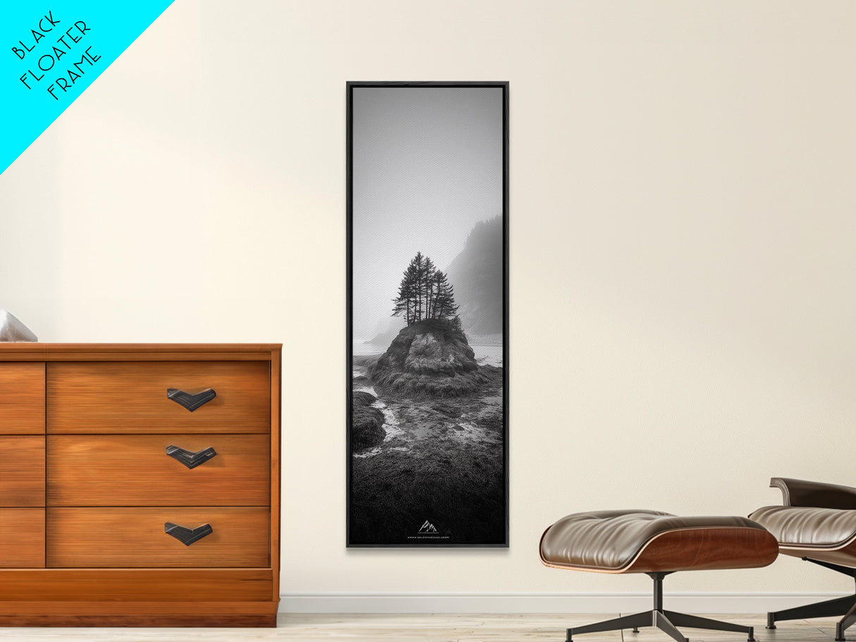 Foggy Island Trees, Pacific Northwest Nature, Moody Wall Art, Framed Canvas Print, Rustic Cabin Decor, Minimalist Forest Print