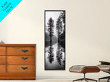 Twin Pines, Forest Reflection, Misty Lake, Black and White Nature, Framed Canvas Print, Living Room Wall Art, Nature Photography, Zen Decor