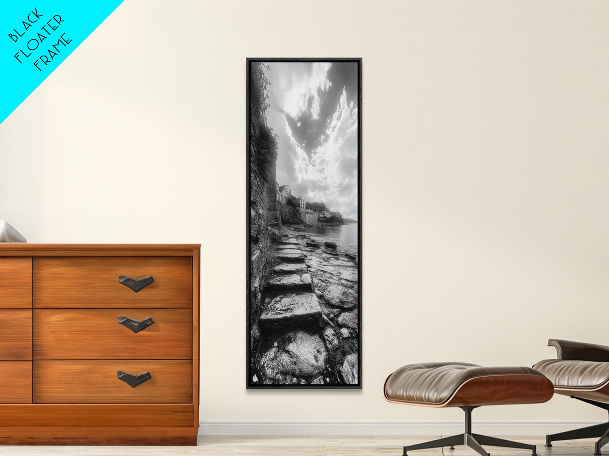Cliffside Village, Stone Path, Seaside Escape, Dreamy Landscape, Canvas Print, Living Room Wall Art, Romantic Wall Decor, Monochrome Style