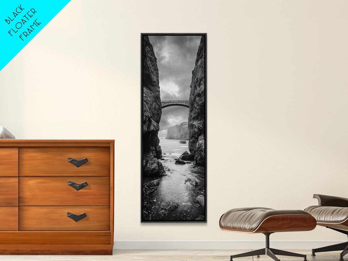 Sea Arch, Cliff Bridge, Coastal Landscape, Dramatic Ocean View, Black and White Framed Canvas Print, Bathroom Art, Hallway Wall Art