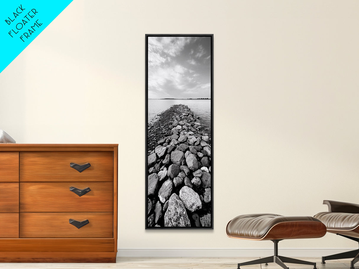 Rocky Jetty, Ocean Horizon, Black and White Seascape, Minimalist Nature, Canvas Print, Neutral Wall Decor, Office Wall Art, Hallway Decor