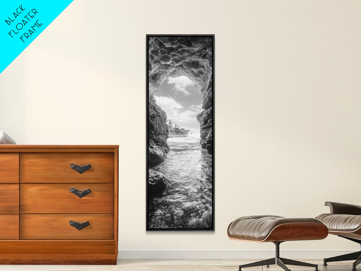 Sea Cave View, Ocean Opening, Rugged Rock Passage, Framed Canvas Print, Coastal Wall Art, Adventure Decor, Modern Rustic Style