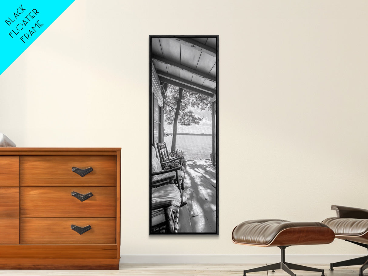 Lake Porch View, Rustic Charm, Cabin Vibes, Relaxing Nature Scene, Framed Canvas Print, Farmhouse Decor, Cozy Living Room Wall Art, Lakehouse Art