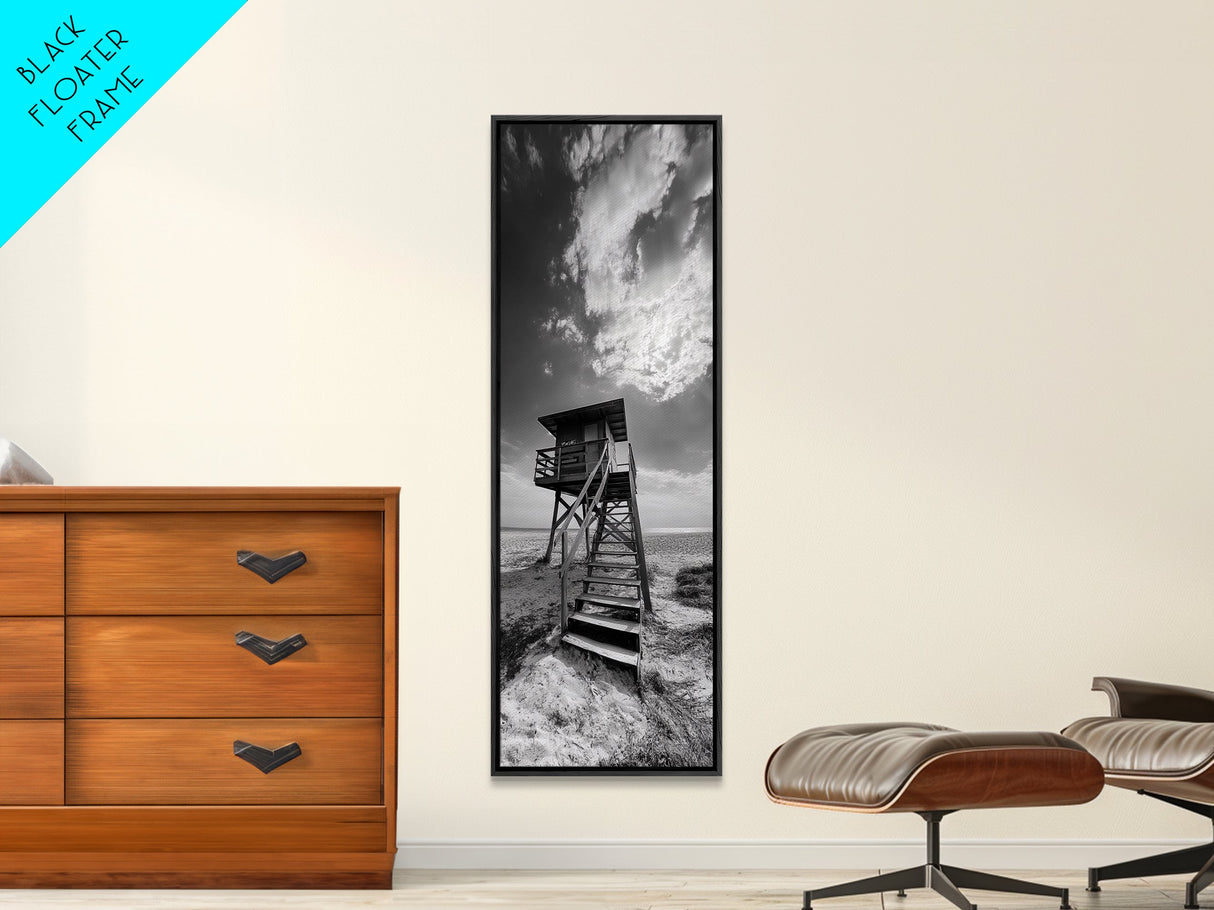 Lifeguard Tower, Beach Vibes, Ocean Escape, Dramatic Sky, Framed Canvas Print, Surf Shack Decor, Coastal Bedroom Wall Art, Minimal Beach Art