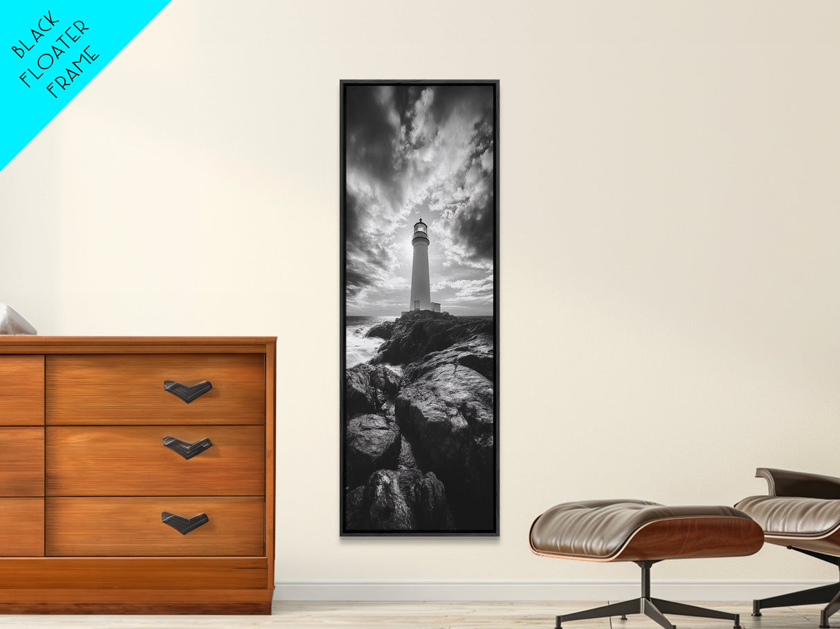 Coastal Beacon, Nautical Light, Ocean Landscape, Sunset Sky, Lighthouse Photography Framed Canvas Print, Living Room Nautical Wall Art