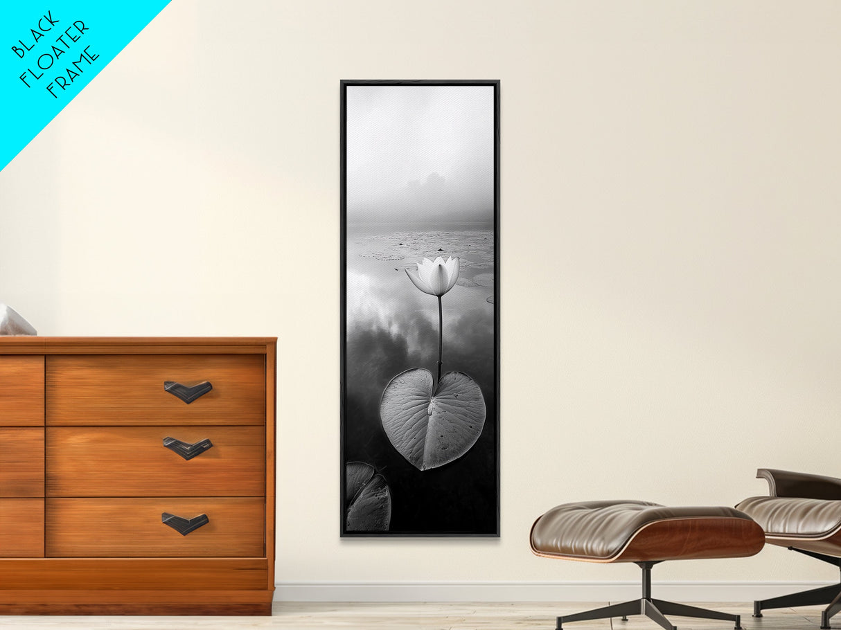 Minimalist Lotus, Zen Flower, Misty Pond, Tranquil Nature, Monochrome Botanical Framed Canvas Print, Bedroom Meditation Wall Decor
