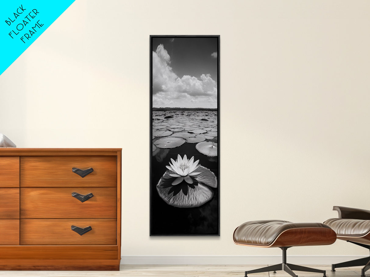 Water Lily Bloom, Lake Flowers, Lotus Petals, Peaceful Reflections, Botanical Art Framed Canvas Print, Spa Room Floral Wall Decor