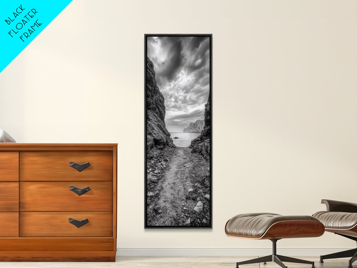 Rocky Pathway, Seaside Trail, Cloudy Horizon, Framed Canvas Print, Moody Coastal Wall Art, Nature Inspired, Monochrome Travel Decor