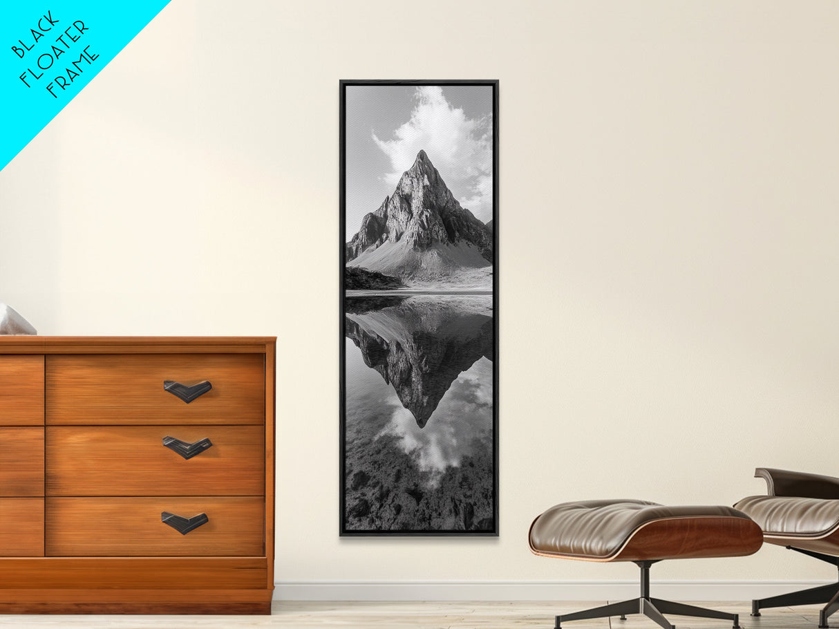 Sharp Mountain Peak, Reflection Stillness, Monochrome Wild, Framed Canvas Print, Rustic Cabin Wall Art, Nature Lover Gift Idea