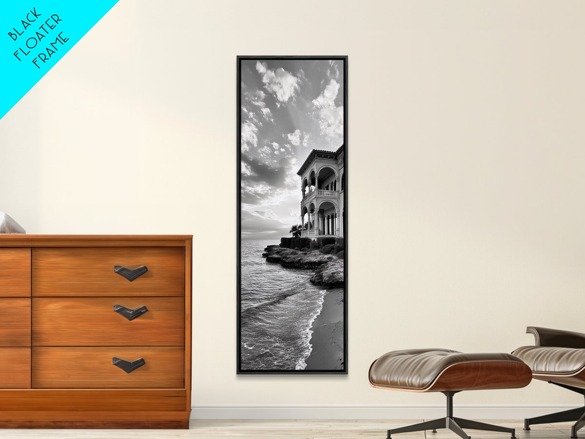 Italian Villa Coast, Seaside Architecture Print, Elegant Travel Decor, Framed Canvas Print, Dining Room Wall Art, Monochrome