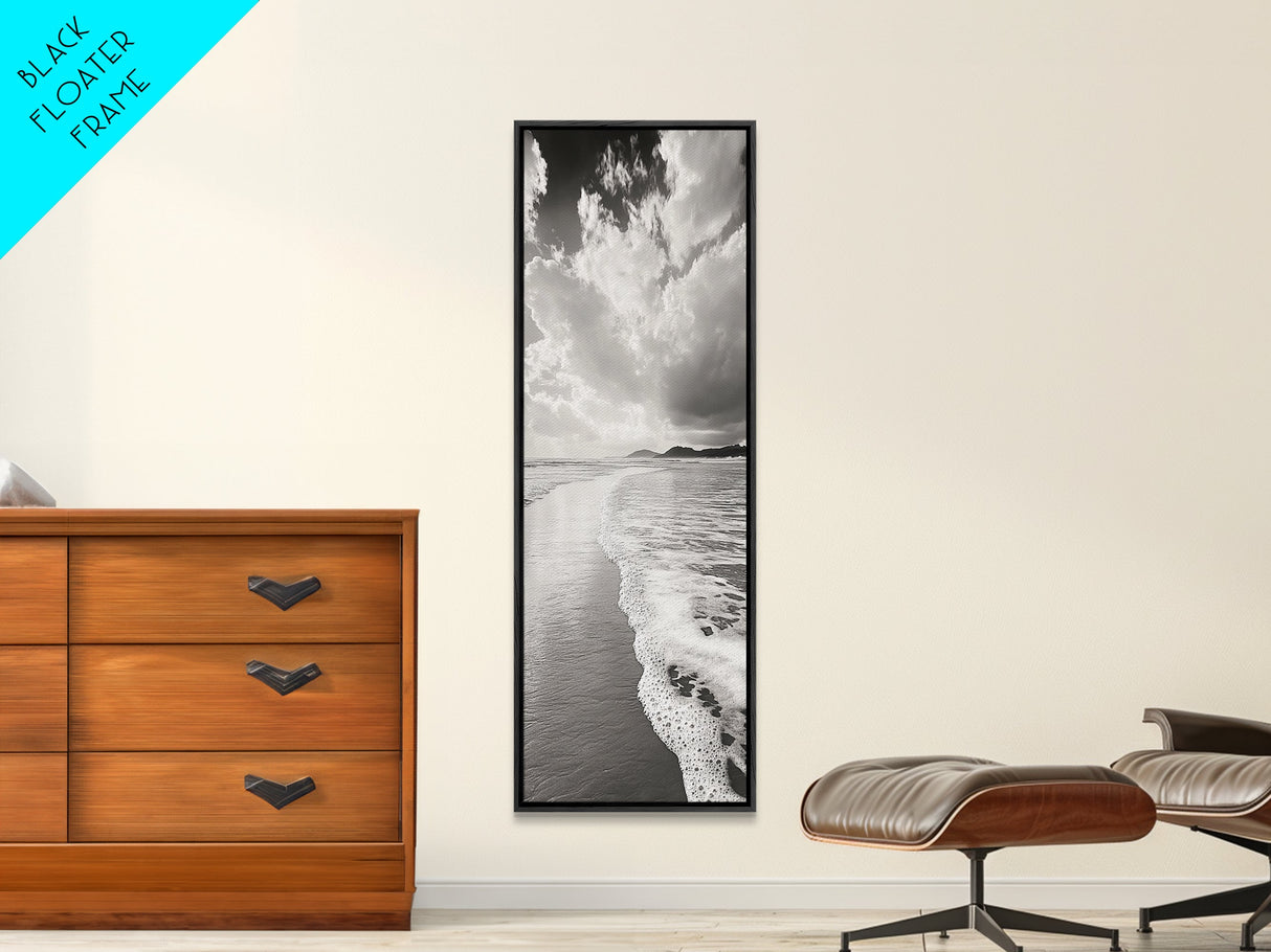 Beach Horizon, Ocean Calm, Foamy Shore, Black White Coastal Art, Canvas Print, Bathroom Decor, Peaceful Coastal Minimalist Style