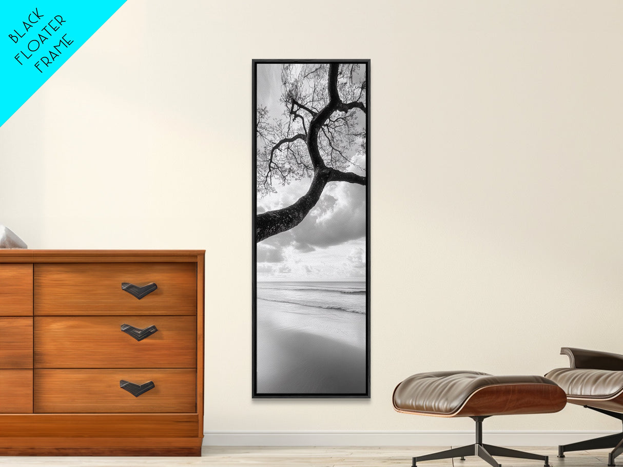 Ocean Tree View, Beach Horizon, Minimal Branches, Framed Canvas Print, Coastal Living Room Art, Neutral Decor, Zen Nature Photography